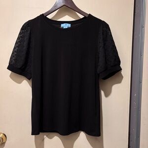 CeCe Black Short Sleeve Top with Lace Detail